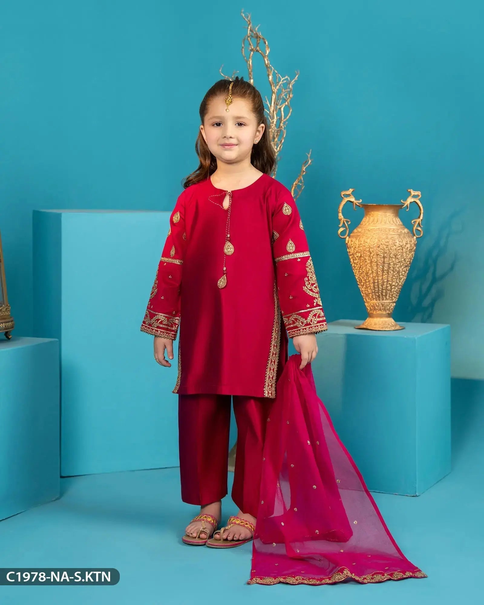 Kids Chambray Katan Embroidered Suit | 1978-NA-S.KTN - Sha Posh Textile