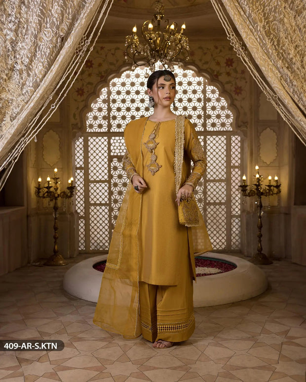 3 PEICE EMBRIODERED SUIT | 409-AR-S.KTN Sha Posh Textile