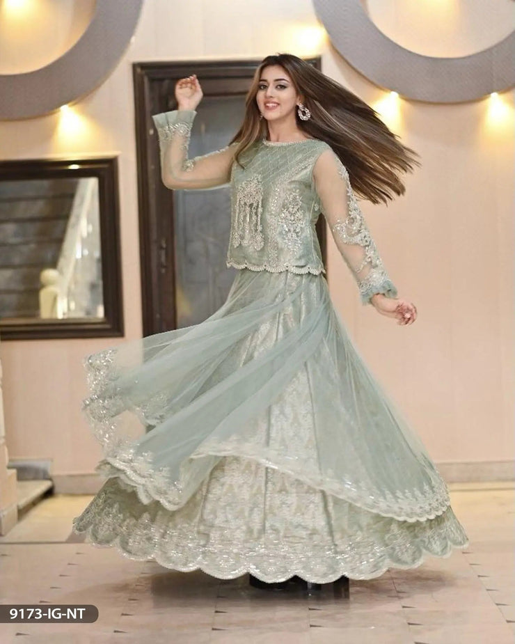 3 Piece Embroidered  Net  Jamawar Lehenga | 9173-IG-NT ShaPosh Textile